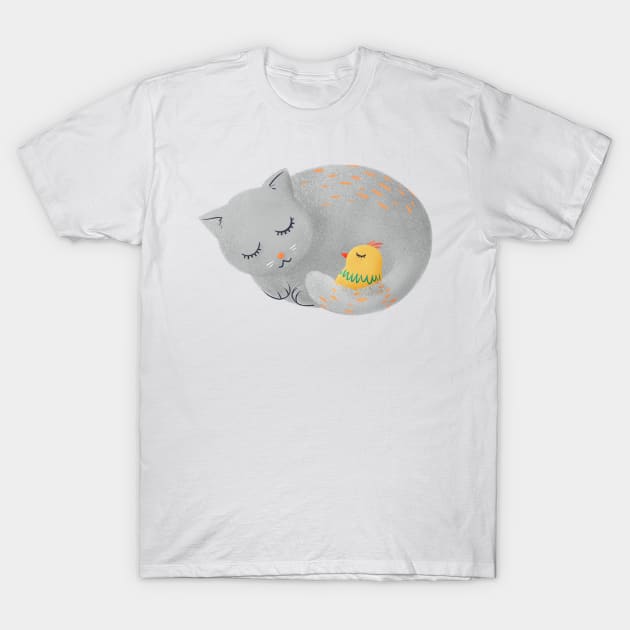 Cat sleeping with small bird - kids illustration T-Shirt by Sgrel-art